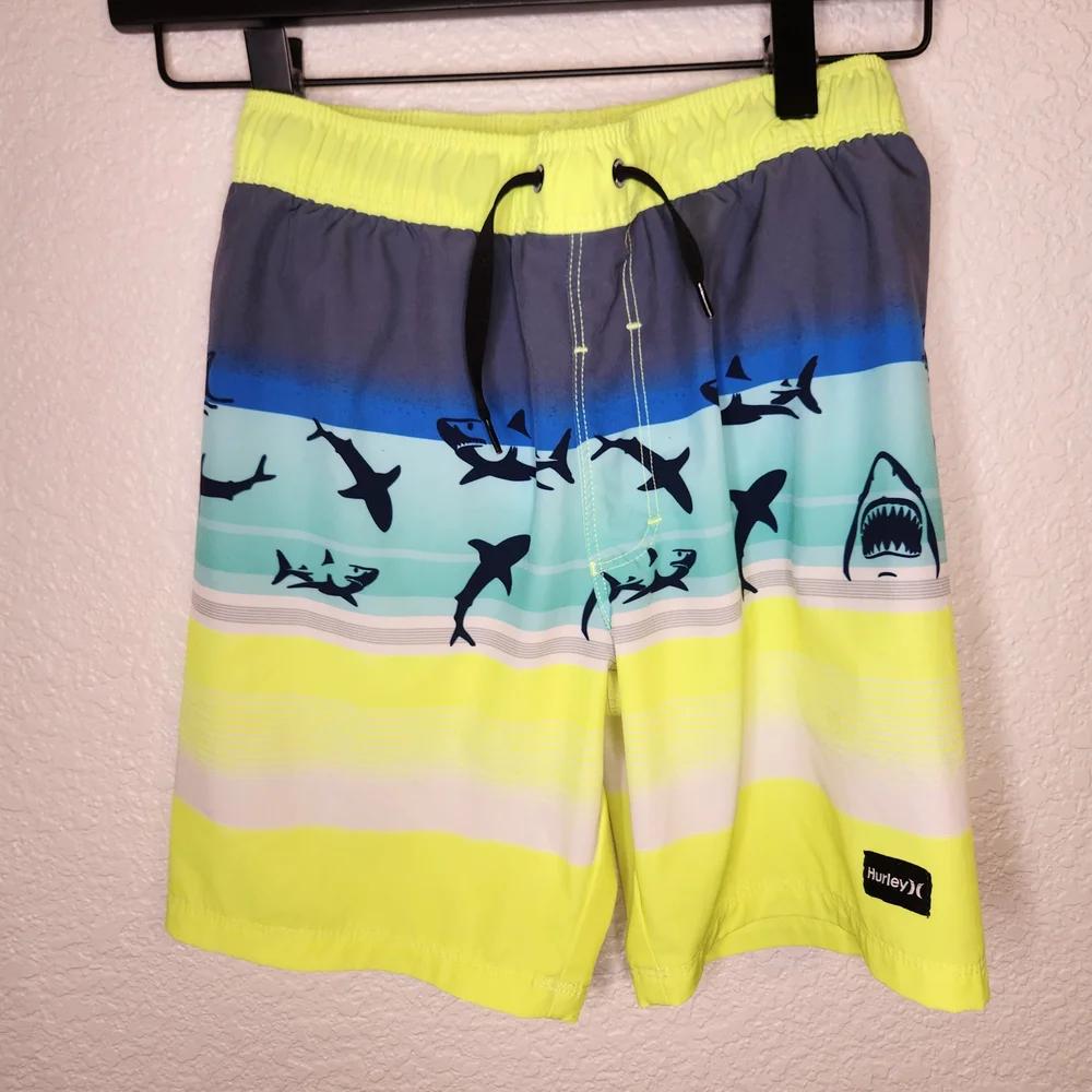 Hurley Boy's 7 8 Way Stretch UPF+50 Drawstring Waist Swim Short Shark Print